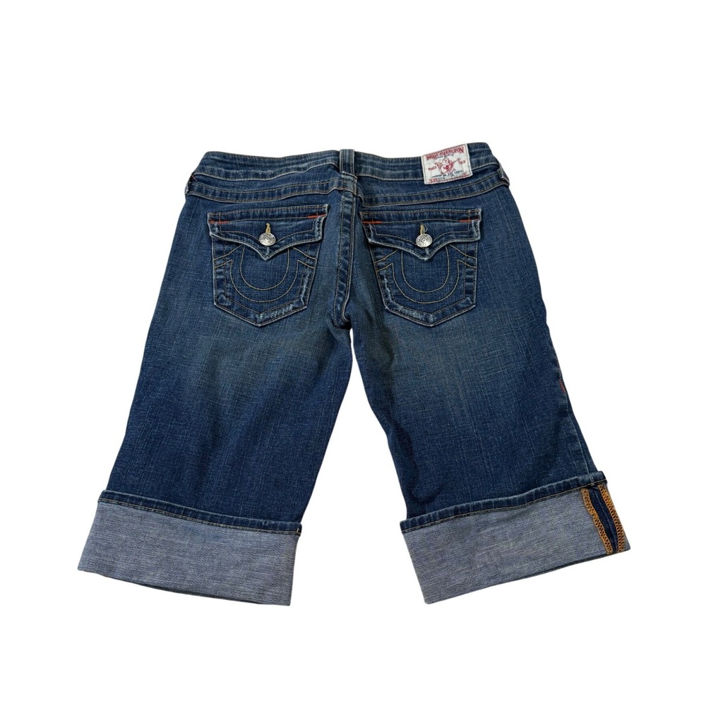 True Religion Denim Bermuda Shorts 29 Blue Y2K Thick Stitch Cuffed Low Rise